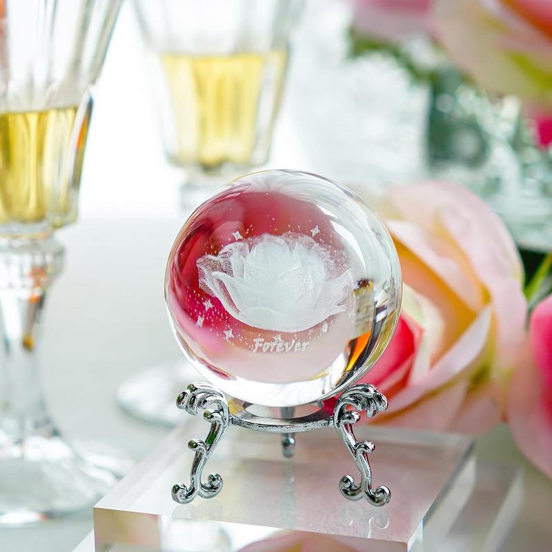 60mm 3D Inner Carving Rose Flower Crystal Ball Paperweight with Sliver Stand Fengshui Home Decor