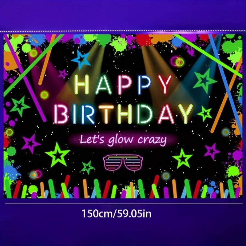 Happy Birthday Party Backdrop, 1 Count Glow in the Dark Party Background Cloth, Party Decoration Supplies for Birthday Party