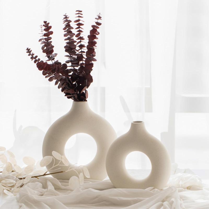 Ceramic Vase Set of 2, Off White Vases Home Decor, Hollow Round Matte Pampas Flower Vases, Boho Vase for Home Decor - Donut Vase Set of 2 Decorative