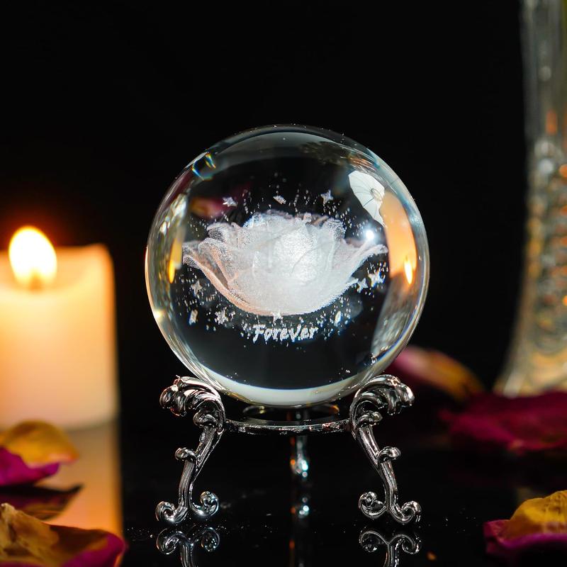 60mm 3D Inner Carving Rose Flower Crystal Ball Paperweight with Sliver Stand Fengshui Home Decor