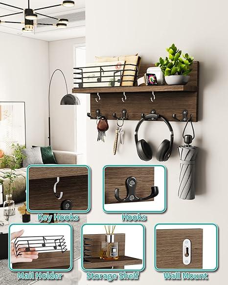 Wooden Wall Key Rack with 3 Hooks and 4 Double Hooks, Key Holder for Home with Removable Shelf, Wall Mount for Bedroom, Office, Entryway, Key Holder