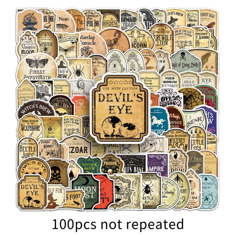 Vintage Drug Label Pattern Car Sticker, 100pcs Waterproof Self Adhesive Decor Paper, Decor Sticker for Gift Greeting Card Water Bottle Laptop Phone