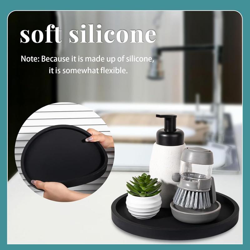 Black Silicone Bathroom Tray Round Vanity Tray Decorative Soap Holder Kitchen Countertop Organizer Coffee Table Decor for Candle, Perfume, Plant