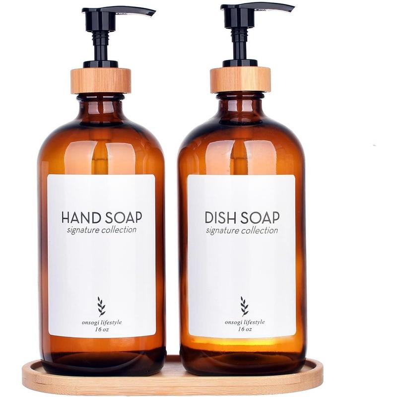 16 oz Amber Glass Soap Dispenser with Bamboo Tray, Hand Sanitizer Soap Dispenser | Dish Soap Dispenser for Bathroom Set Accessories - 2-Pack