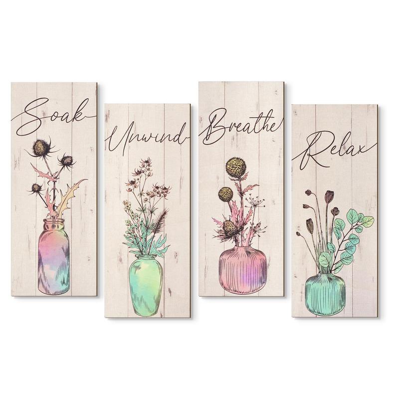 Potted Flower & Letter Pattern Wooden Hanging Sign, 4 Counts set Farmhouse Bathroom Decor, Wall Art for Home Bathroom Decoration