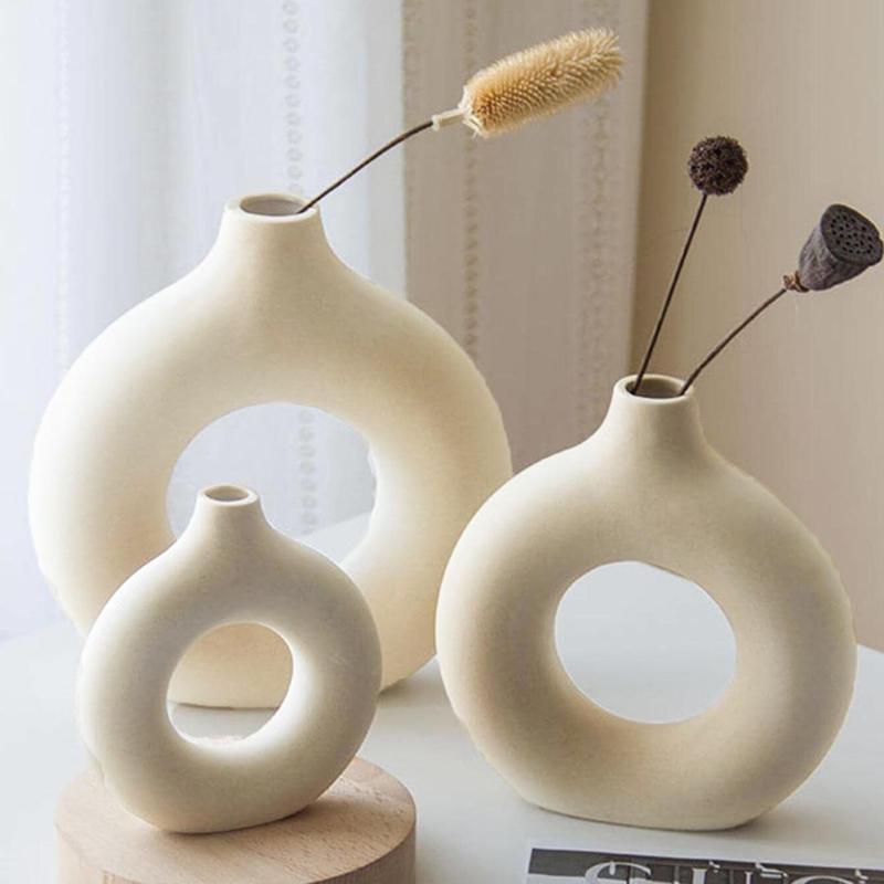 Creative DIY Summer Home Decor Donut Shaped Flower Vase, 1 Count Solid Color Minimalist Hollow Aesthetic Ceramic Vase, Room Decor Cool Vase, Summer Gifts, Boyfriend Gifts