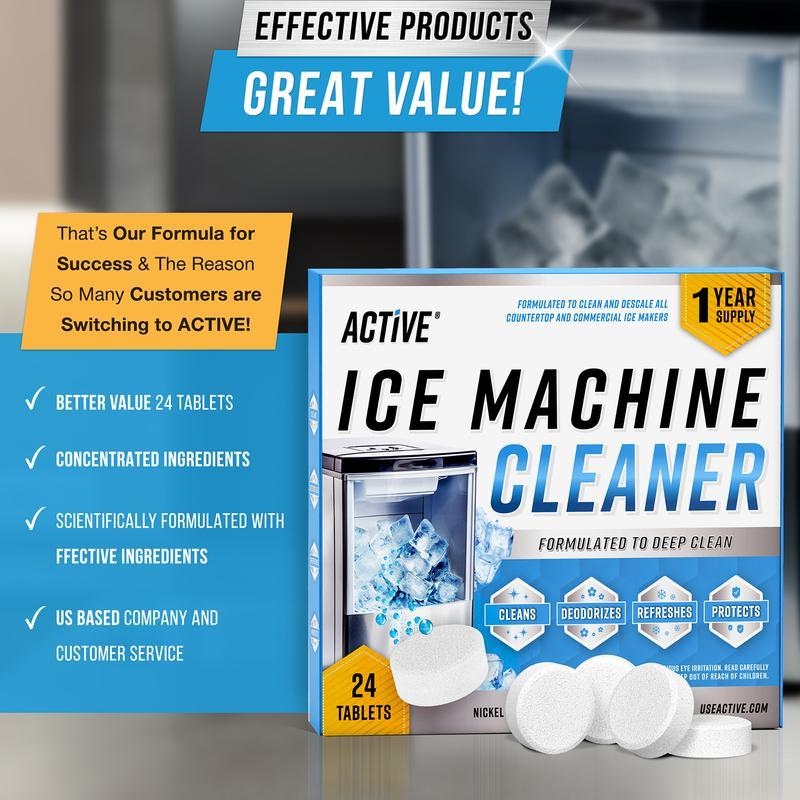 Ice Machine Cleaner Maker Descaler - 24 ACTIVE Clean Tablets Compatible with Frigidaire, Opal, GE Profile, Kitchenaid, Nickel Safe Scale Remover for Countertop, Nugget Ice Makers - Bulk 1 Year Supply Key Product Feature Does not apply