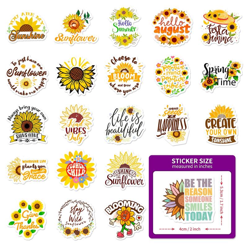 50pcs Pack Sunflower Pattern Sticker, Cute Cartoon Sticker For Phone Case, Computer, Guitar, Bag, Water Cup, Scrapbook