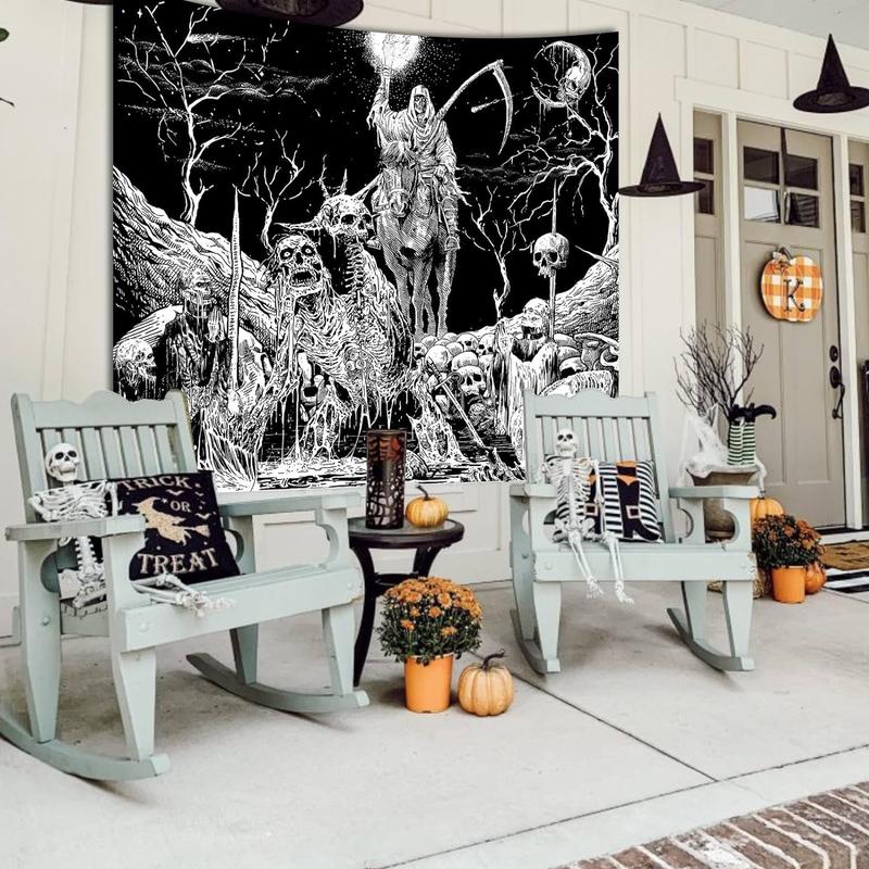 Black and White Goth Skull Tapestry for Bedroom, Gothic Skeleton Halloween Wall Tapestries Aesthetic, Horror Ghost Rider Night Sky Moon Dark Wall Hanging Decor for Living Room (51'' x 60'')