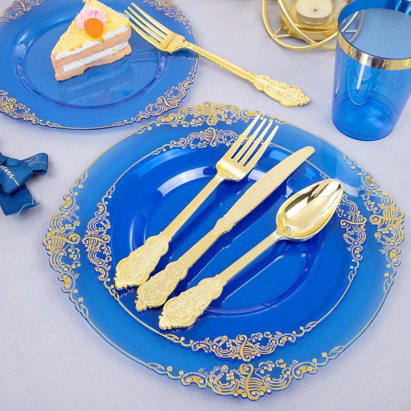 Nervure 350PCS Blue Plastic Plates - Blue Plastic Dinnerware Sets for 50 Guests - 100 Blue Disposable Party Plates, 150Gold Plastic Silverware, 50Cups, 50Napkins for Wedding & Party