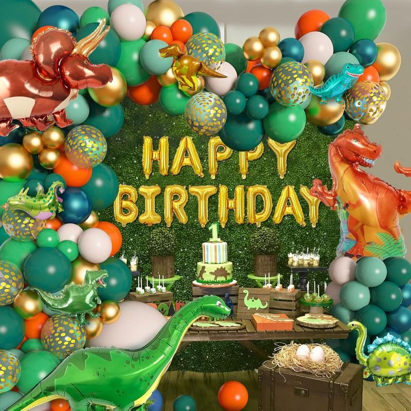 167PK Dinosaur Balloon Arch Garland Set, Grass Green Orange 8 Pieces Dinosaur Foil Balloon Happy Birthday Balloons for Jungle Adventure Dinosaur Theme Party Decoration Supplies