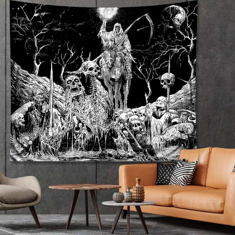 Black and White Goth Skull Tapestry for Bedroom, Gothic Skeleton Halloween Wall Tapestries Aesthetic, Horror Ghost Rider Night Sky Moon Dark Wall Hanging Decor for Living Room (51'' x 60'')