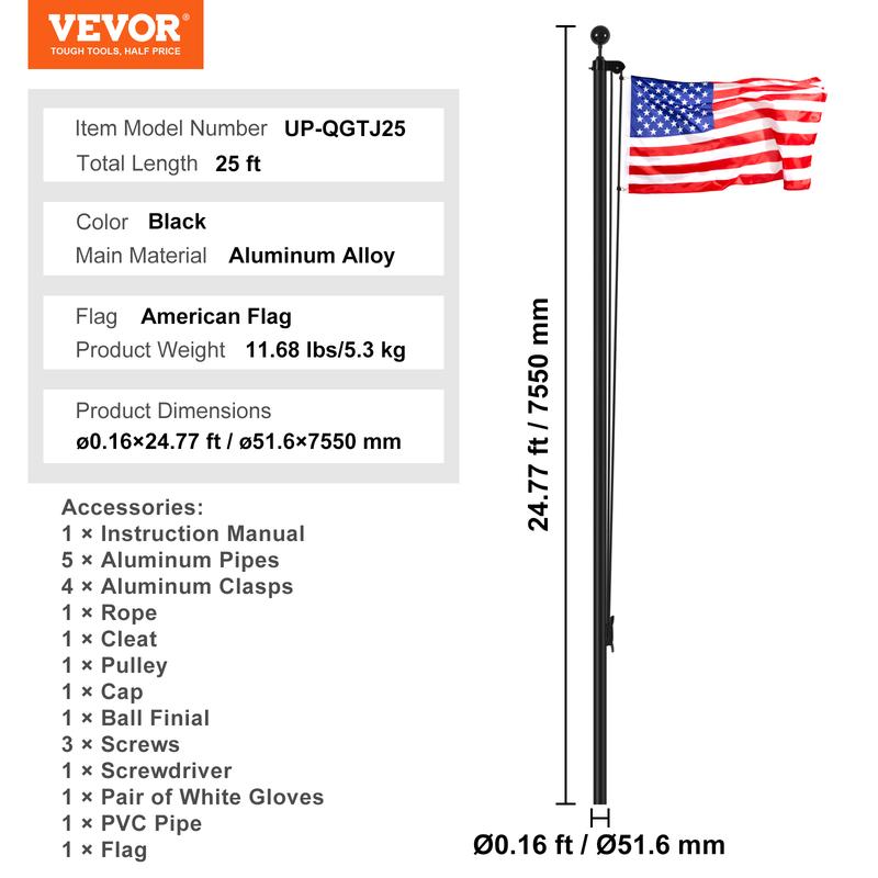 VEVOR 25FT Sectional Flag pole Kit, Heavy Duty Aluminum Alloy in Ground Flag poles for Outside, 3 Display Modes Flagpole with 3x5 American Flag, Professional Accessories, Black Banners Lightweight