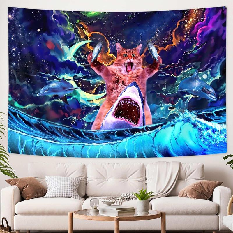 SAOLUIS Blacklight Cat Tapestry, Funny Cat Tapestry For Boys Bedroom Cute Cat With Fish Tapestry Decor, UV Reactive Wall Tapestry For Dorm Bedroom Living Room Home Decor 60X40 Inch