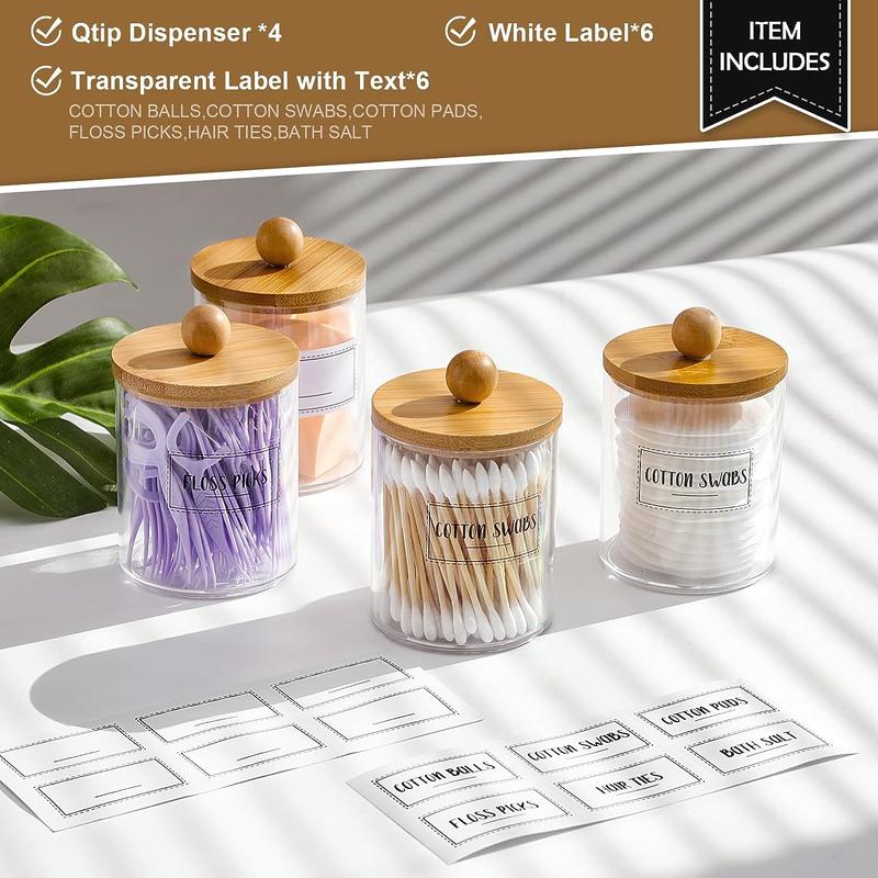 4 Pack Qtip Holder Dispenser with Bamboo Lids - 10 oz Clear Plastic Bottles Round Containers Transparent