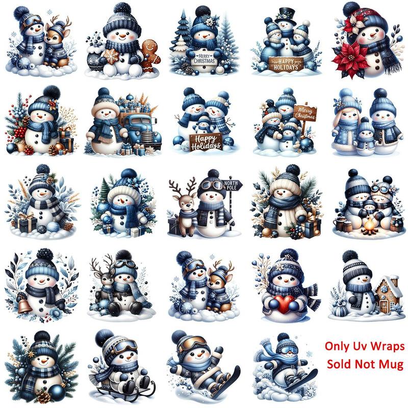 Snowman Pattern UV DTF Transfer Sticker, 24pcs set Waterproof Self-adhesive Bottle Sticker, Decorative Sticker for Glass Jars & Coffee Mugs & Cups