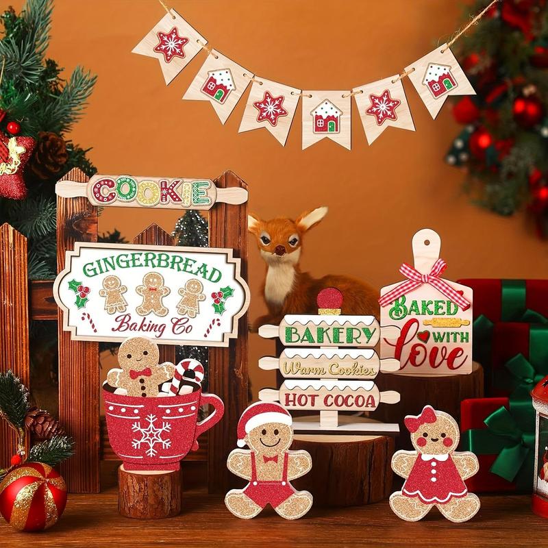 Christmas Tiered Tray Decoration Set, 1 Set Wooden Gingerbread Man & Letter Pattern Ornament without Tray, Home Decor for Christmas Party