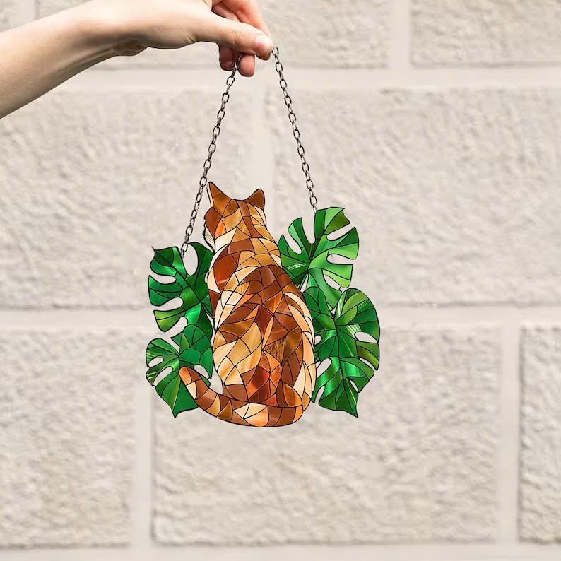 Personalized cat Window Hanging, Acrylic Monstera plant Wall Window Hanging Art Decoration, Cat home decor, Gift for mom, cat lovers