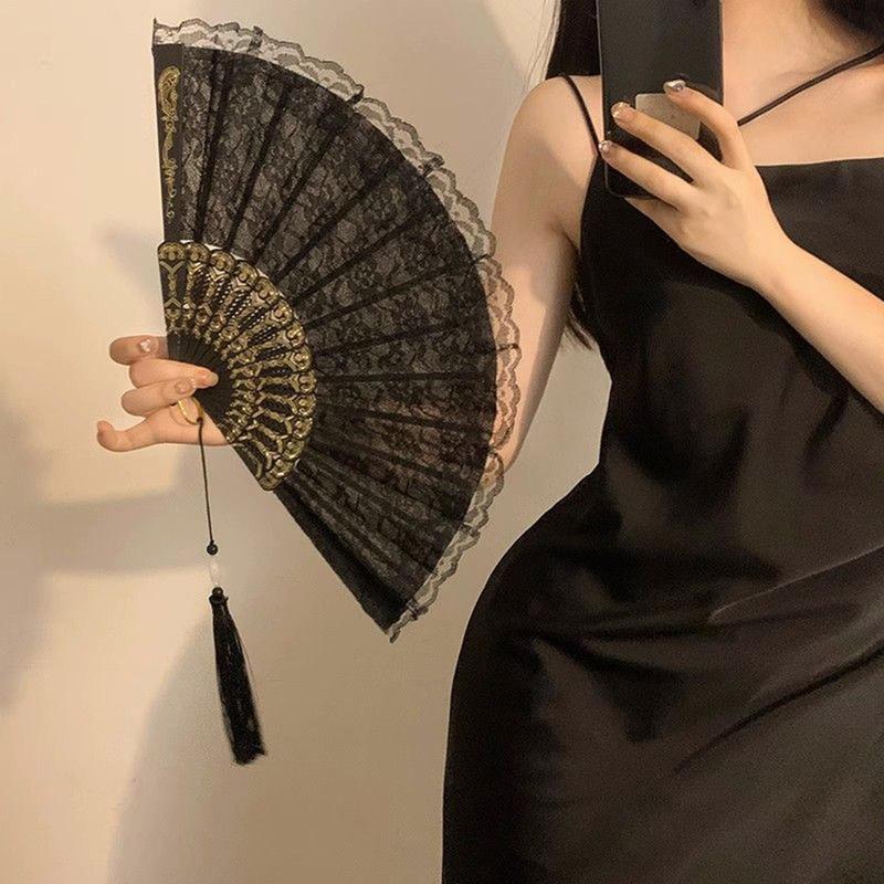 Vintage Lace Folding Fan, Chinese Style Handheld Fan, Portable Summer Hand Fan for Women & Girls, Party Costume Accessories