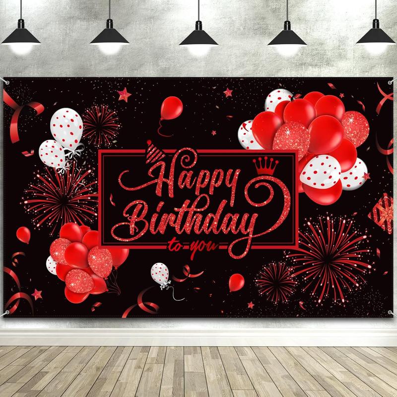 Happy Birthday Backdrop Banner Sign Poster Large Fabric Glitter Balloon Fireworks Sign Birthday Photo Backdrop Background for Birthday Party Decoration Supplies, 72.8 x 43.3in (Black and Gold)