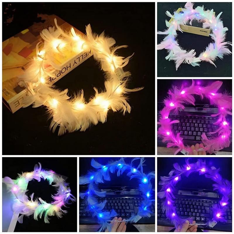 6 Pack Flower Crown, Feather Crown Headband Luminous with 10 LED Lights, Light Up Headdress with Color Changing LED Lights, Cute Flashing Decor Hair ​Accessories for  Women Wedding Festival Party