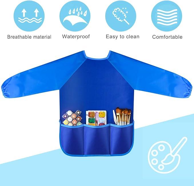 Waterproof Children Art Smock Kids Art Aprons with 3 Roomy Pockets,Painting Supplies (Paints and brushes not included)