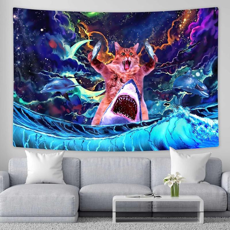 SAOLUIS Blacklight Cat Tapestry, Funny Cat Tapestry For Boys Bedroom Cute Cat With Fish Tapestry Decor, UV Reactive Wall Tapestry For Dorm Bedroom Living Room Home Decor 60X40 Inch