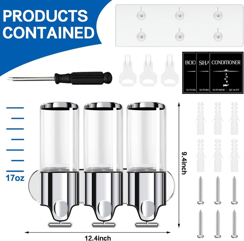 Shampoo and Conditioner Dispenser,  Soap Dispenser, 3 Chamber No Drill Wall Mounted  Dispenser for Bathroom, Kitchen, Stainless shower soapdispenser