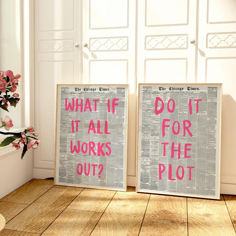 Newspaper Pattern Unframed Painting, 2 Counts set Positive Affirmation Wall Art, Wall Decor for Home Living Room Bedroom Office