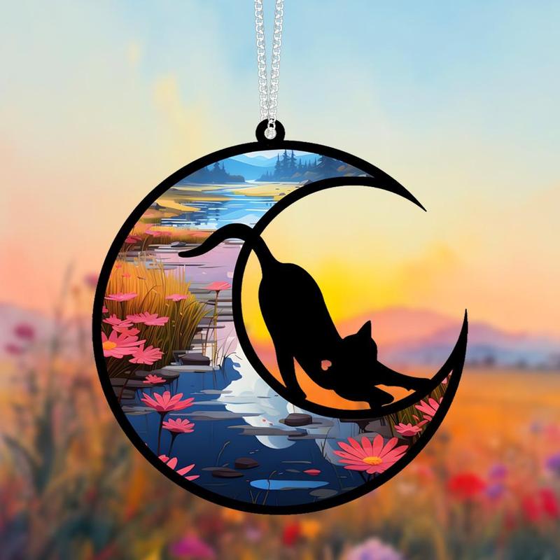 Cat & Moon Pattern Colorful Hanging Decor, 1 Set Round Hanging Decor with Chain & Hook, Wall Decor for Home Living Room Bedroom