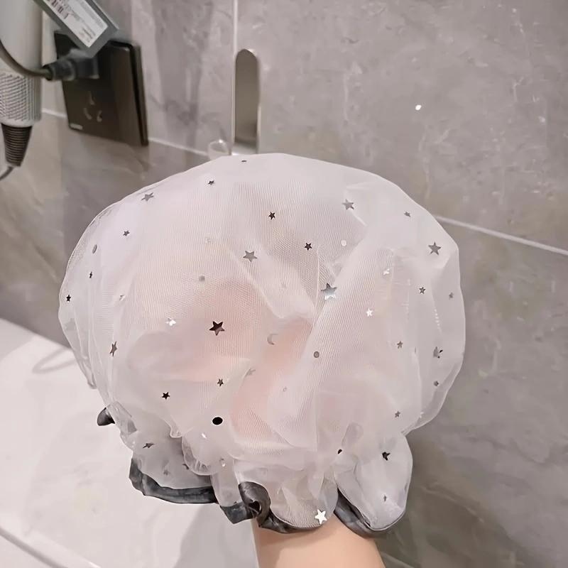 Star Pattern Shower Cap, 1 Count Mesh Design Shower Cap, Double Layer Waterproof Shower Cap, Bathroom Supplies