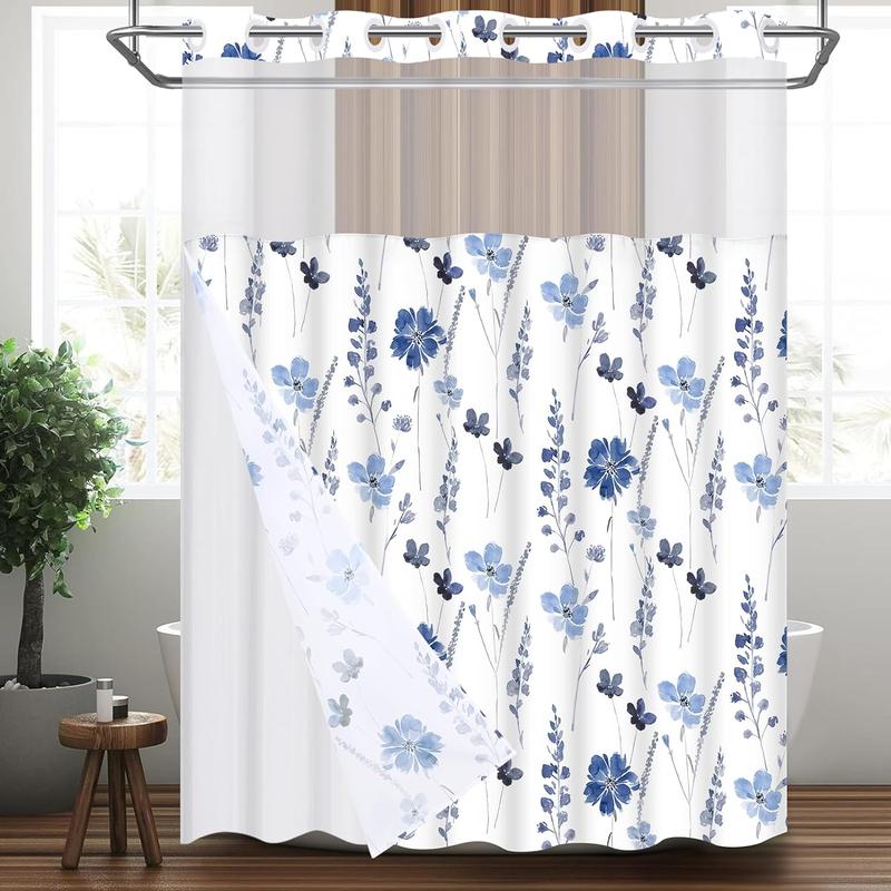 No Hook Shower Curtain with Snap in Liner, Blue Watercolor Floral Shower Curtain with Liner, Hotel Style Shower Curtain with See Through Top Window, Double Layer, Waterproof