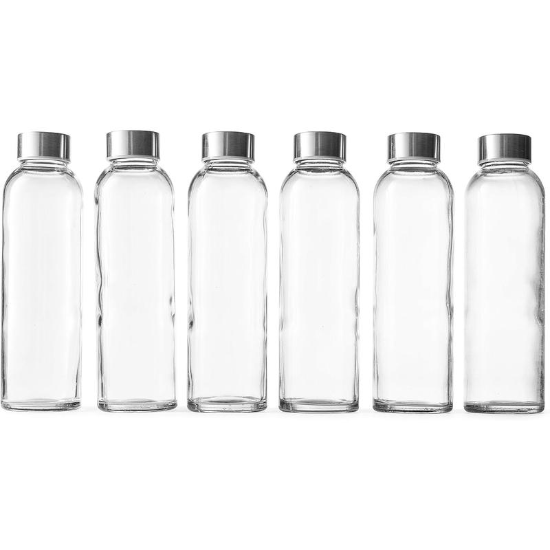 18 oz Clear Glass Bottles with Lids | Natural BPA Free Eco Friendly, Reusable Refillable Water Bottles for Juicing | Wide Mouth Liquid Storage Containers for Refrigerator | Water Bottle Set of 6