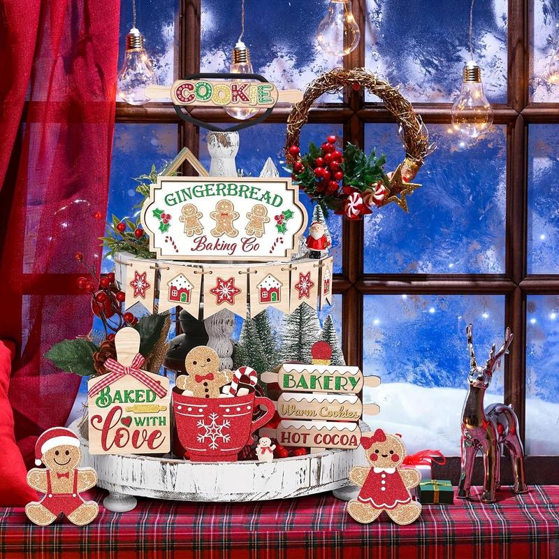 Christmas Tiered Tray Decoration Set, 1 Set Wooden Gingerbread Man & Letter Pattern Ornament without Tray, Home Decor for Christmas Party