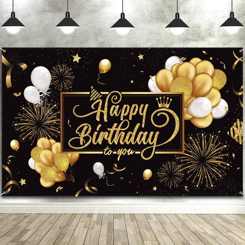 Happy Birthday Backdrop Banner Sign Poster Large Fabric Glitter Balloon Fireworks Sign Birthday Photo Backdrop Background for Birthday Party Decoration Supplies, 72.8 x 43.3in (Black and Gold)