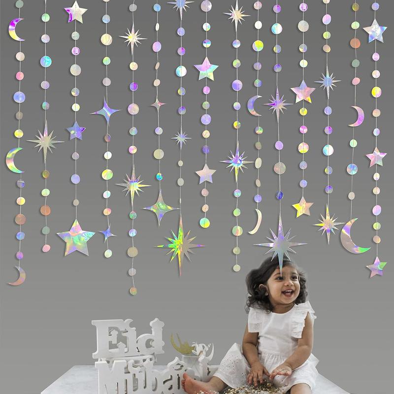 Iridescent Star Moon Circle Dot Garland Party Decoration Kit Hanging Crescent and Twinkle Little Star Streamer Bunting Banner