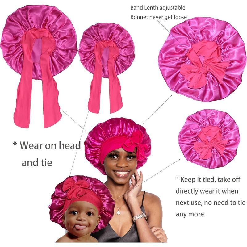 Silk Bonnet Mommy and Me Bonnet Set Hair Bonnets Satin Bonnet with Tie Band Silk Hair Wrap for Sleeping Night Hair Caps Baby Bonnet Hot Pink 2 counts Shower