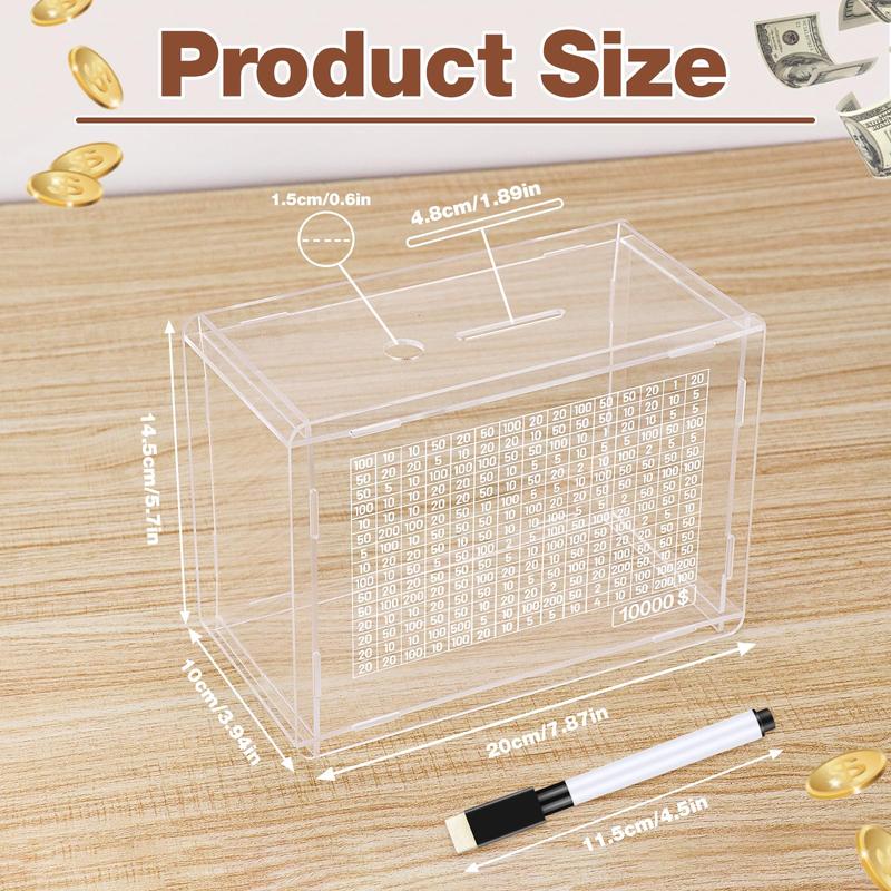 Clear Money Box Deposit Box, Countdown Deposit Box with $10,000 Target, Money Box with Money Target and Numbers, ($10,000 Acrylic). Decor Piggy