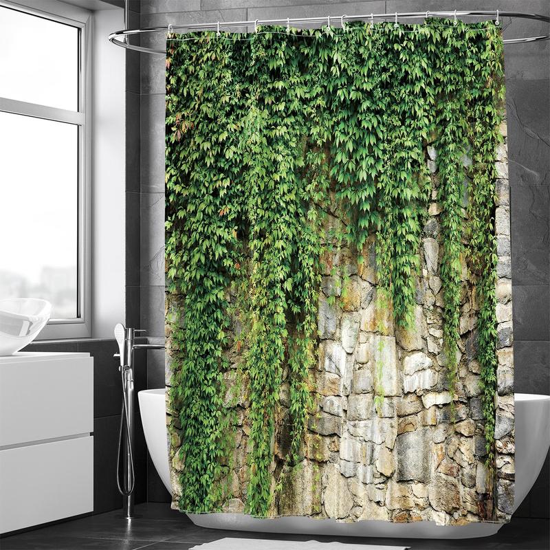 Stone Wall & Plant Pattern Bath Curtain, 1 Count Waterproof Shower Curtain with 12 Hooks & 1 Random Color Strap, Bathroom Decor Supplies