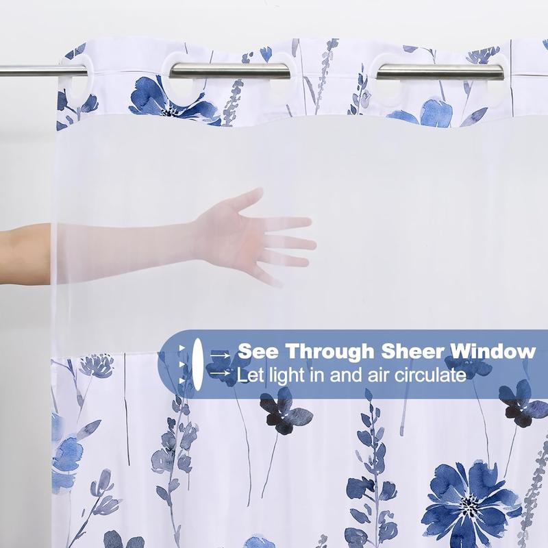 No Hook Shower Curtain with Snap in Liner, Blue Watercolor Floral Shower Curtain with Liner, Hotel Style Shower Curtain with See Through Top Window, Double Layer, Waterproof