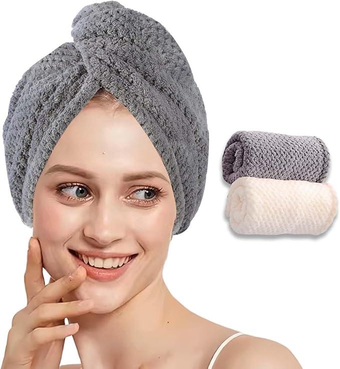 2 Pack Microfiber Hair Towel Wrap for Women, Large Hair Drying Towel with Button