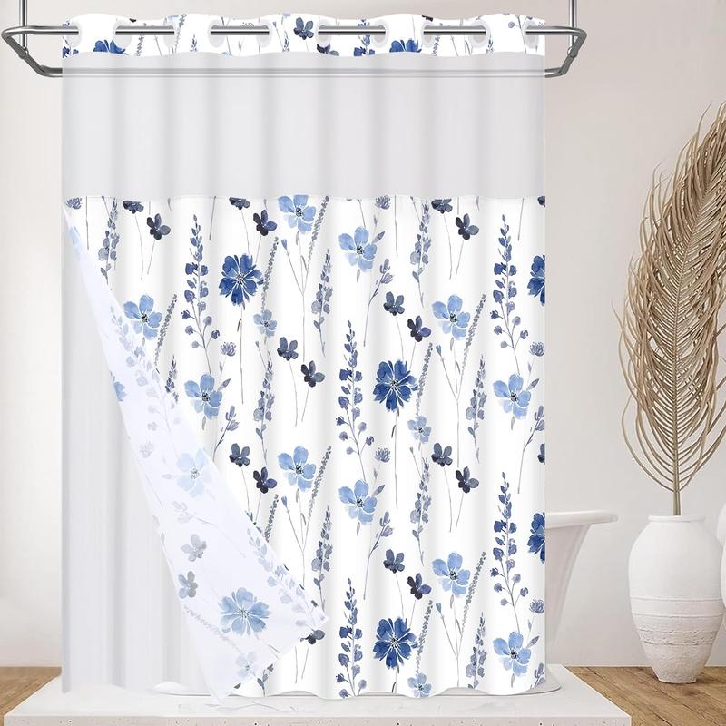 No Hook Shower Curtain with Snap in Liner, Blue Watercolor Floral Shower Curtain with Liner, Hotel Style Shower Curtain with See Through Top Window, Double Layer, Waterproof