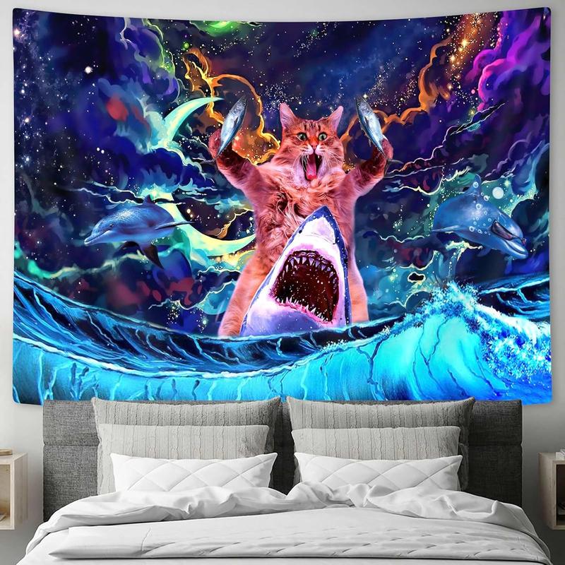 SAOLUIS Blacklight Cat Tapestry, Funny Cat Tapestry For Boys Bedroom Cute Cat With Fish Tapestry Decor, UV Reactive Wall Tapestry For Dorm Bedroom Living Room Home Decor 60X40 Inch