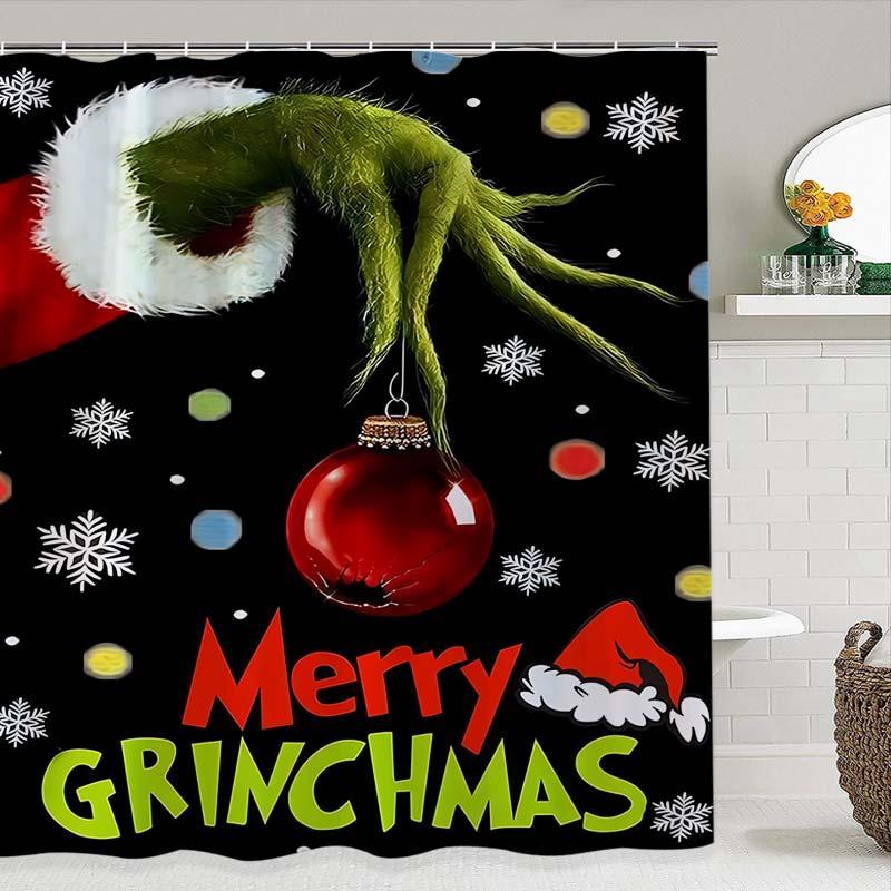 Grinch Pattern Shower Curtain, 1 Count Waterproof Shower Curtain with 12 Hooks, Bathroom Decor Supplies for Home Hotel Salon Dormitory