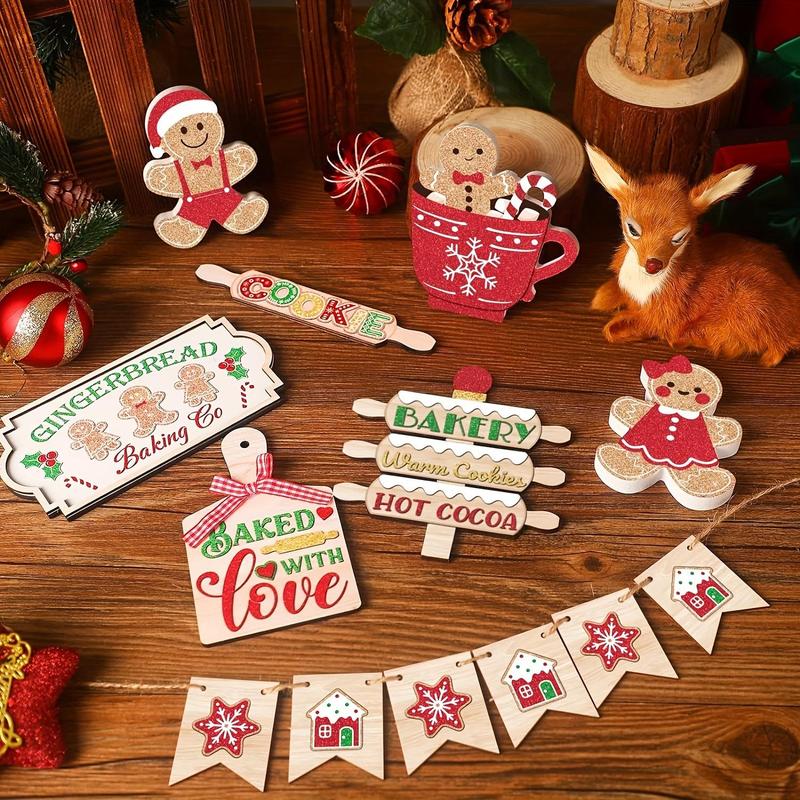 Christmas Tiered Tray Decoration Set, 1 Set Wooden Gingerbread Man & Letter Pattern Ornament without Tray, Home Decor for Christmas Party