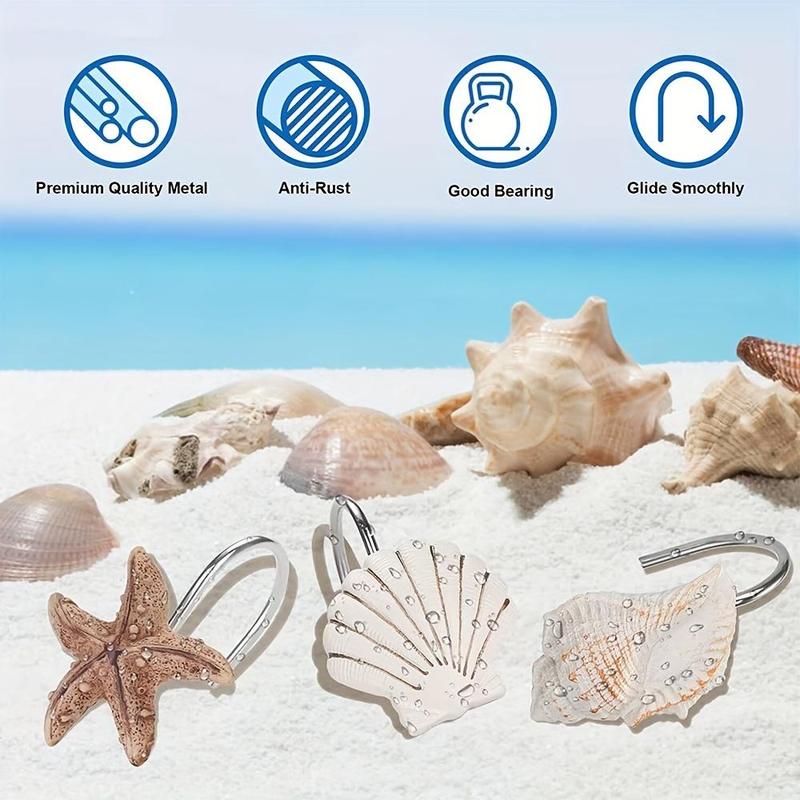 Starfish & Shells Design 3 Styles Shower Curtain Hook (12pcs), Durable Shower Curtain Hook, Bathroom Gadgets for Home Bathroom Decor