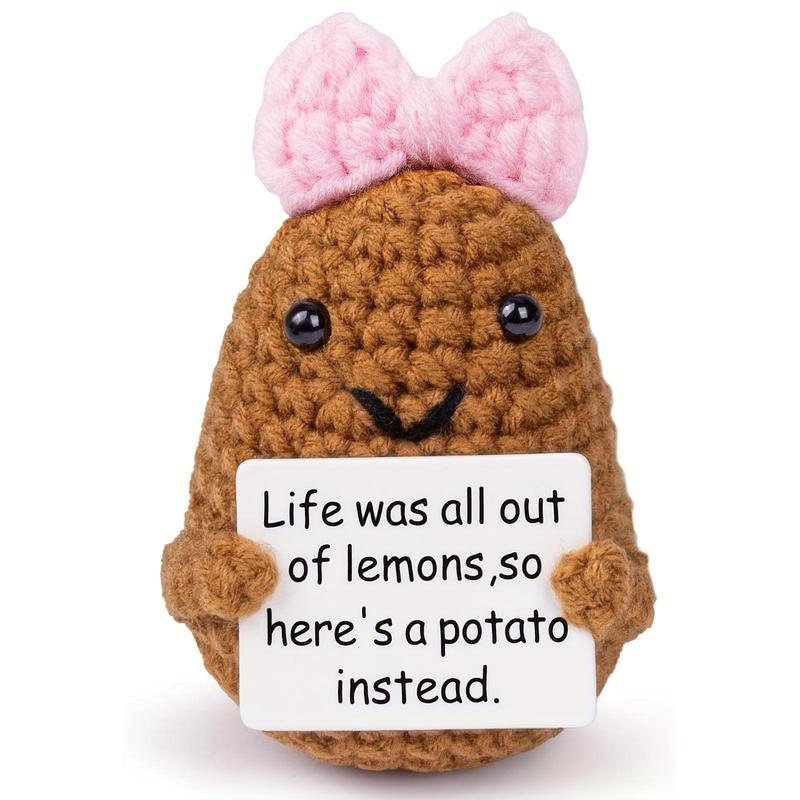 Cute Crochet Potato with Bow Positive Card, 1 Count Positive Funny Potato, Wool Knitted Potato for Best Friend Encouragement Birthday Gifts