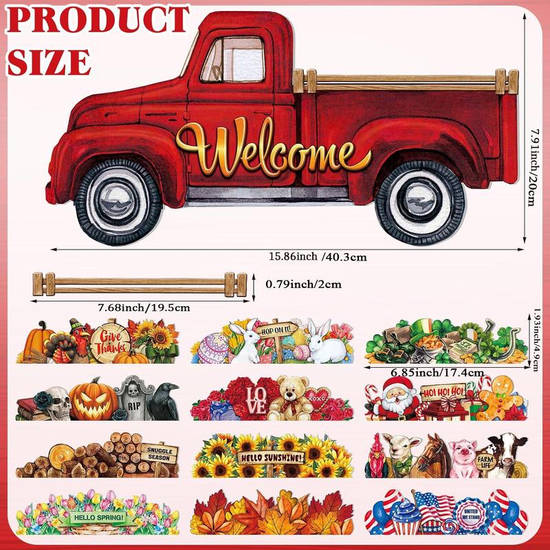 Truck Design Welcome Sign, 13pcs set Interchangeable Welcome Sign, Hanging Sign Farmhouse Seasonal Welcome Sign with 12 Holiday Icons for Home Decor