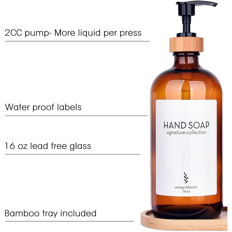 16 oz Amber Glass Soap Dispenser with Bamboo Tray, Hand Sanitizer Soap Dispenser | Dish Soap Dispenser for Bathroom Set Accessories - 2-Pack