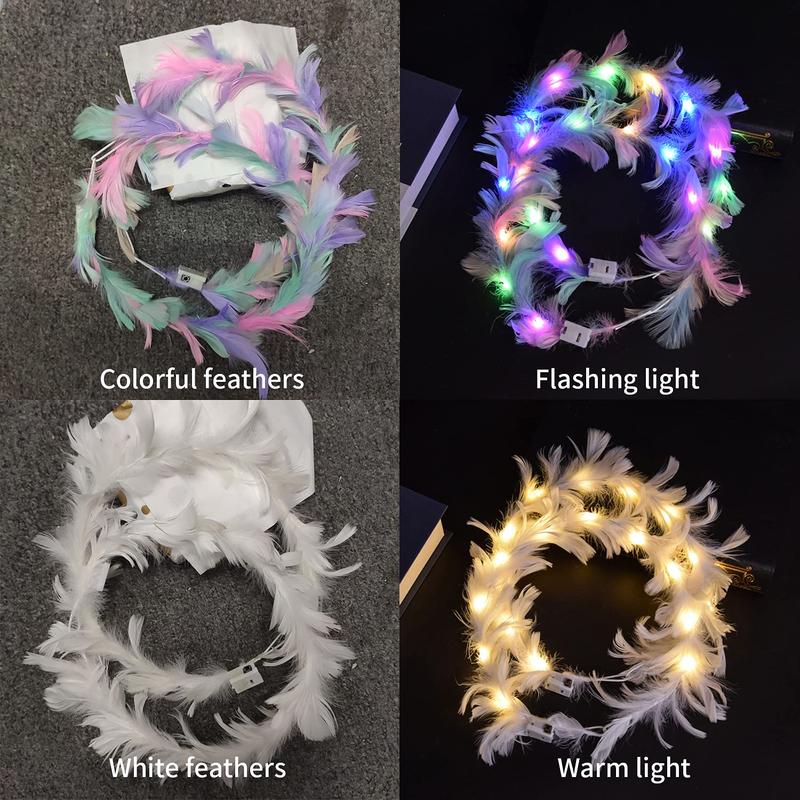 6 Pack Flower Crown, Feather Crown Headband Luminous with 10 LED Lights, Light Up Headdress with Color Changing LED Lights, Cute Flashing Decor Hair ​Accessories for  Women Wedding Festival Party